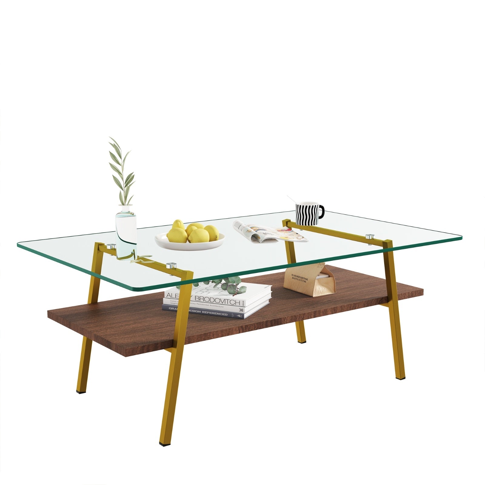 Rectangle Coffee Table, Tempered Glass Tabletop With Gold Metal Legs, Modern Table For Living Room , CJDropshipping