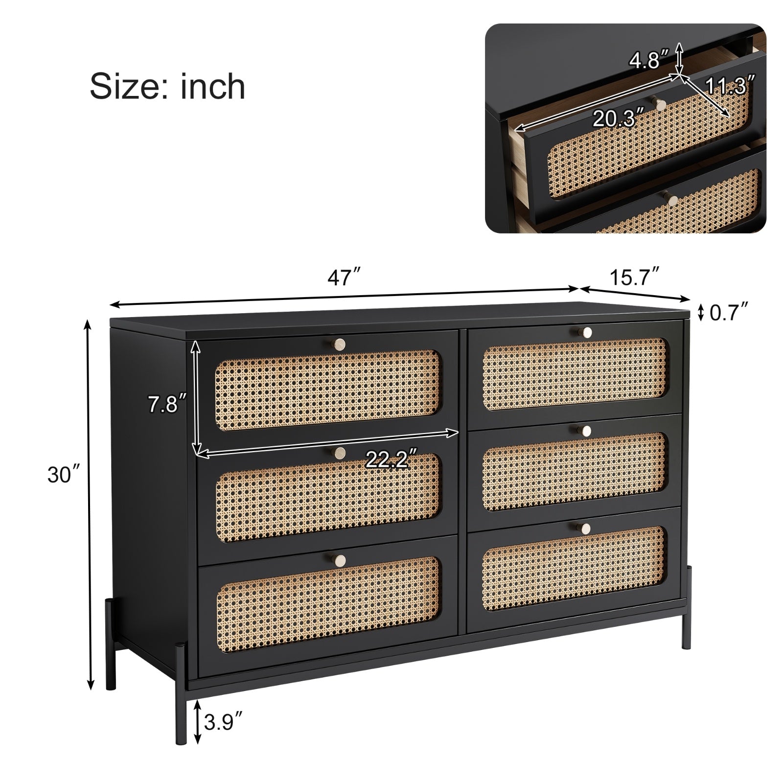 Modern Cannage Rattan Wood Closet 6-Drawer Dresser Wood Storage Cabinet Sideboard For Bedroom, Livin
