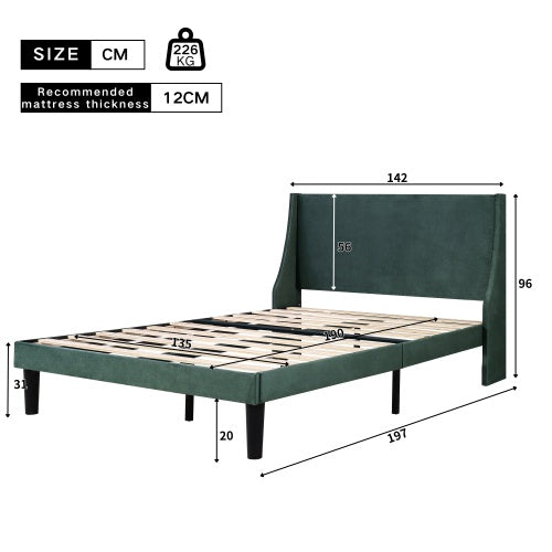 Double Bed Velvet Dark Green 4FT6 Upholstered Bed With Winged Headboard, Wood Slat Support