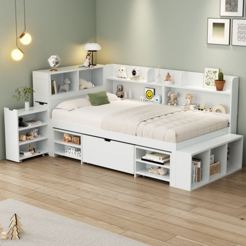 Children's Bed, Single Bed-3ft 90x190cm, Single Bed, Multifunctional Children's Bed With Drawers, Bookcase And Storage Cupboard, Large Storage Space, Slatted Frame, Without Mattress, White