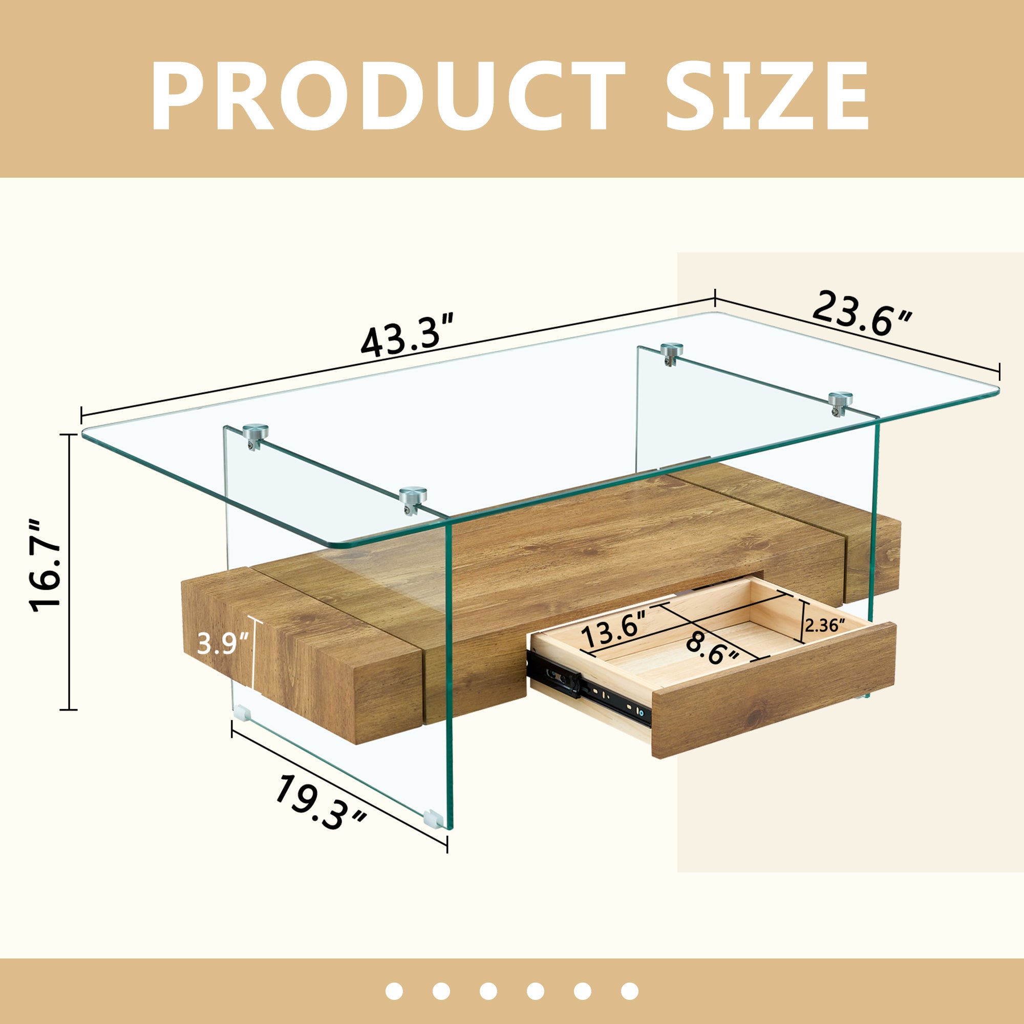 Modern Two-Tier Coffee Table - Clear Tempered Glass and Natural Wood Sangria Beech