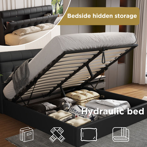 Fashion Upholstered Bed,135x190 4ft6, Double Bed,Hydraulic Bed,Concealed Headboard Storage,Bed Box Storage,PU,With Slats And Headboard,Without Mattress,Cream White