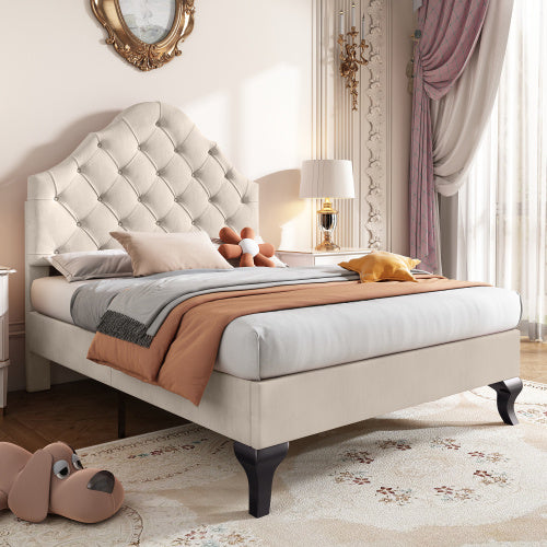 Upholstered Bed 90x190 With Slatted Frame And Headboard, Upholstered Bed With Height-adjustable Headboard, Youth Bed, Single Bed, Wooden Slat Support, Easy Assembly, Velvet, Beige