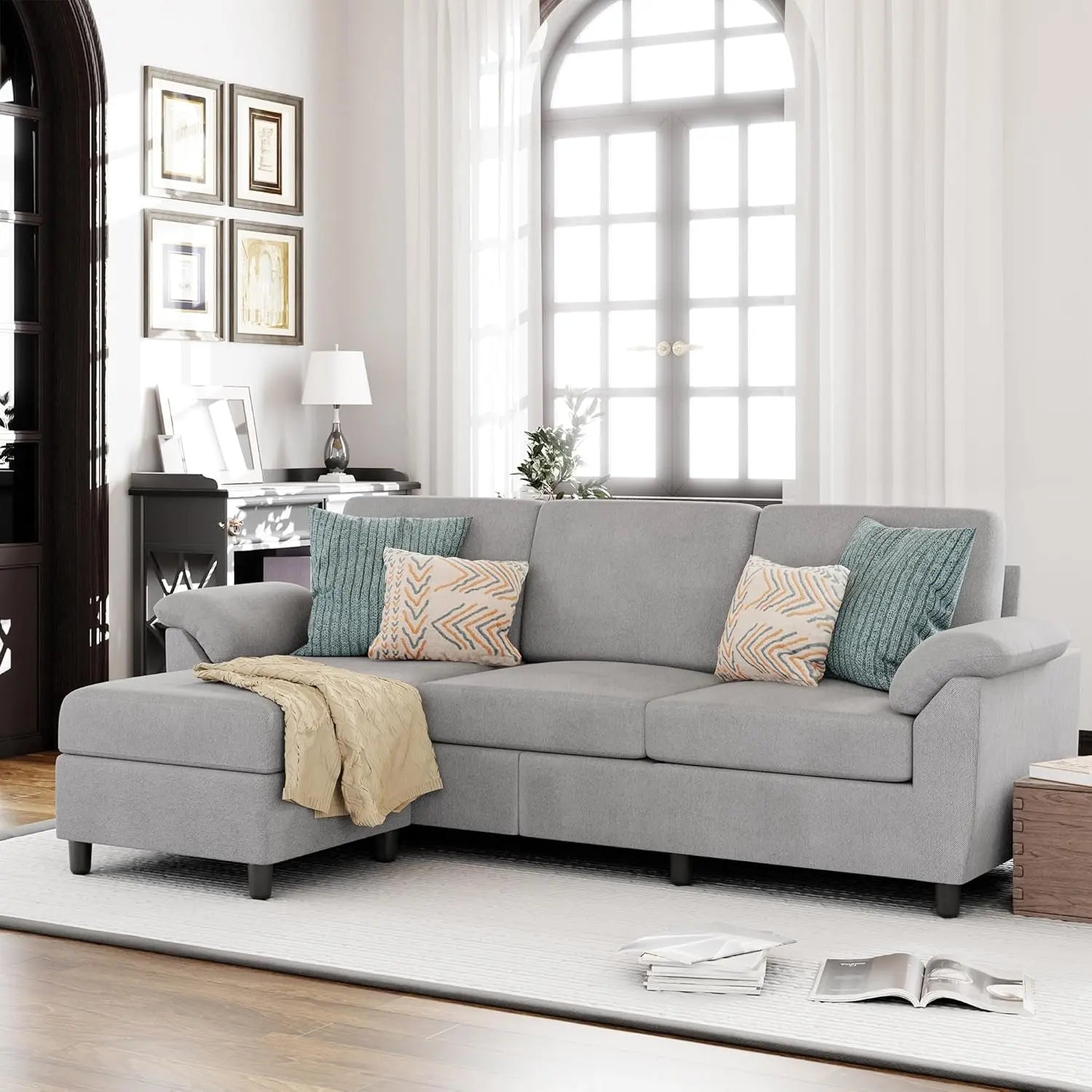 Gray Linen Sectional Sofa with Pillows Peach Maple
