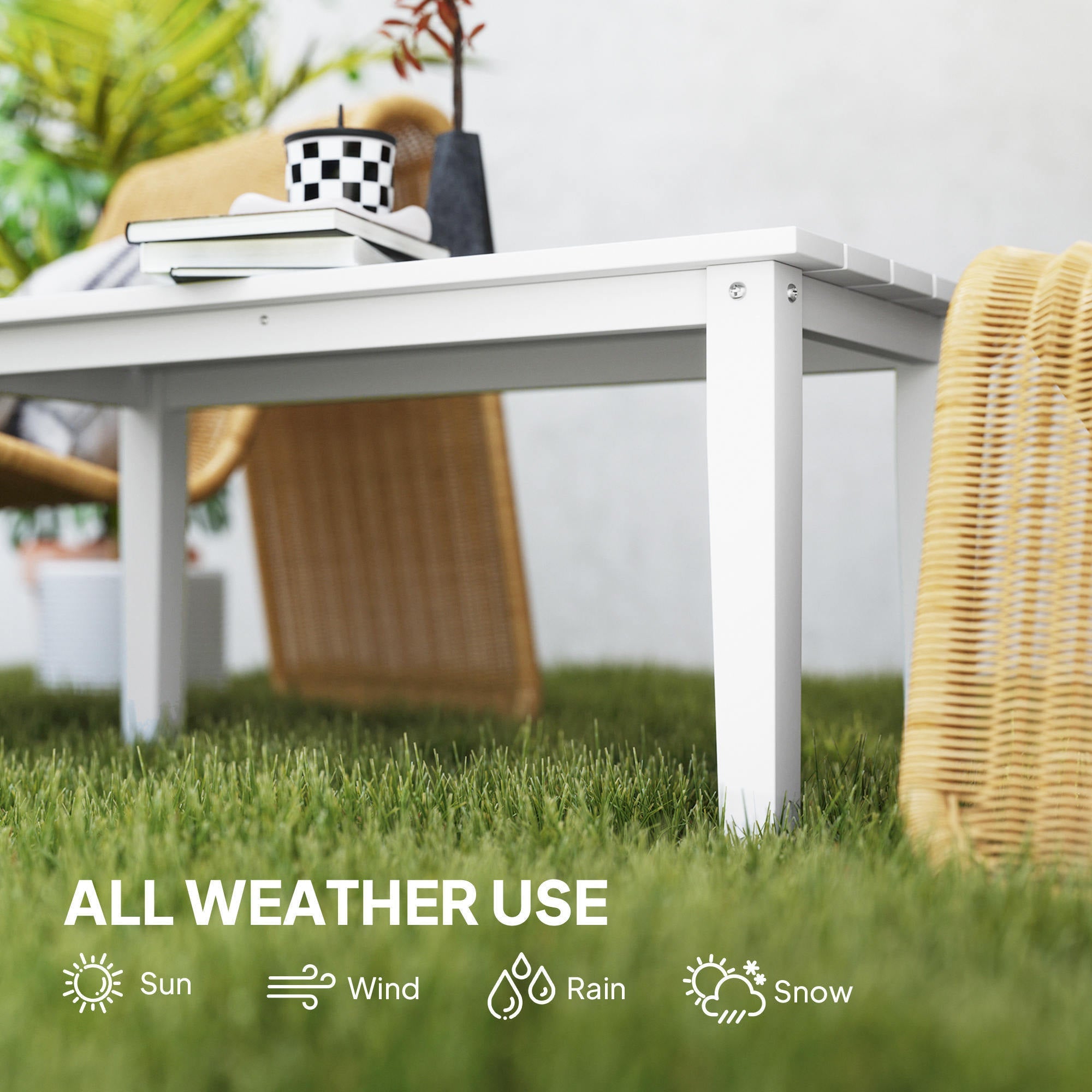 Rectangle Outdoor Coffee Table, HDPE All-Weather Outdoor Patio Table With Slatted Tabletop For Yard, Balcony, White CJDropshipping