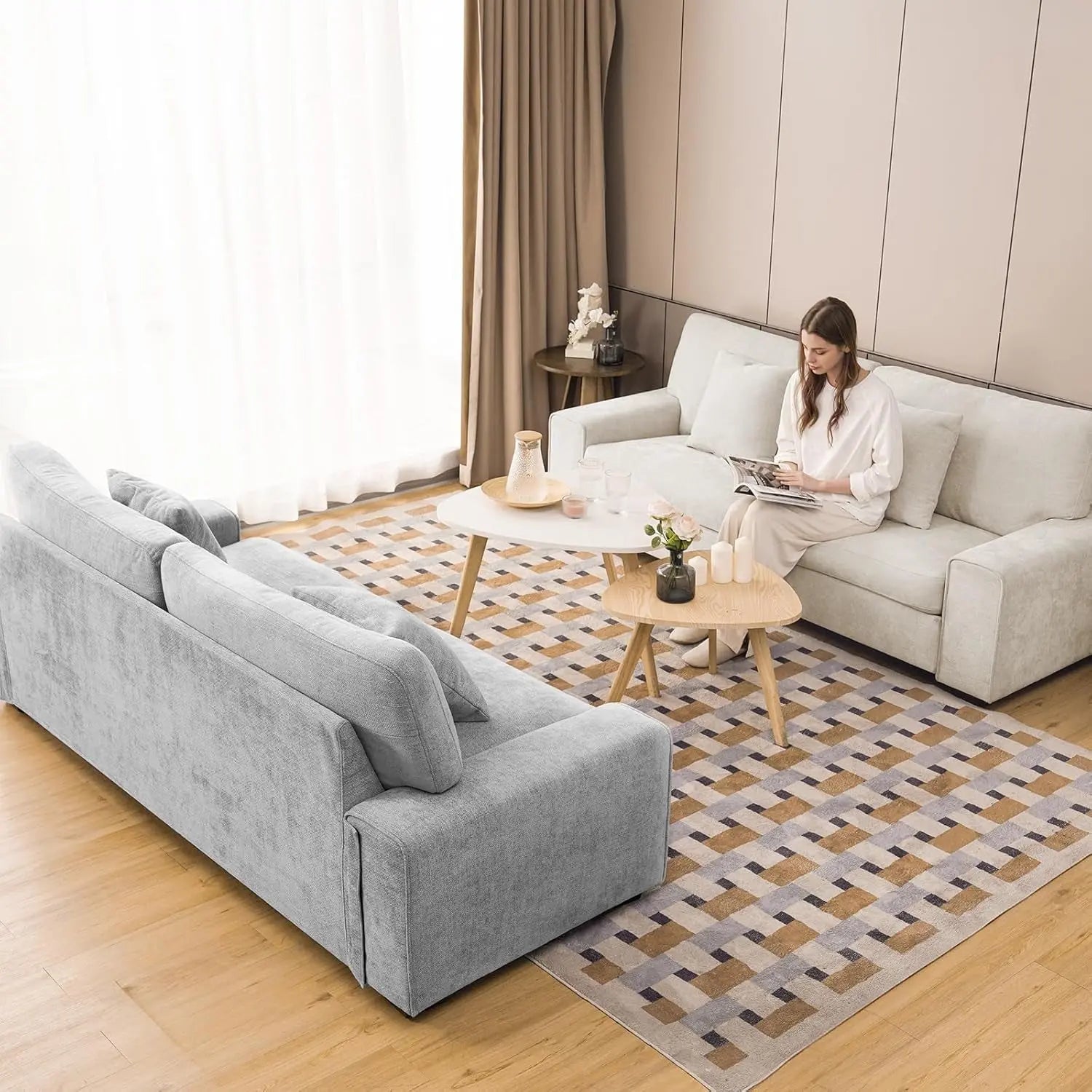 Modern Beige Chenille Recliner Sofa for Living Room Peach Maple