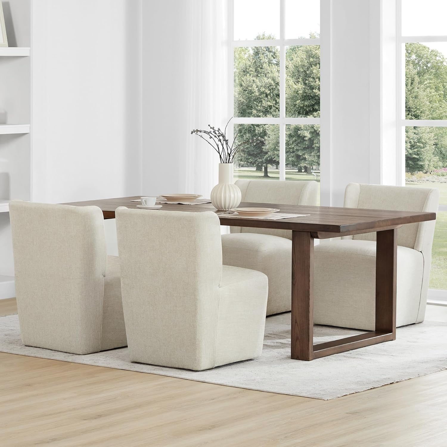 Upholstered Dining Chair with Casters Wingback Modern Side Armless