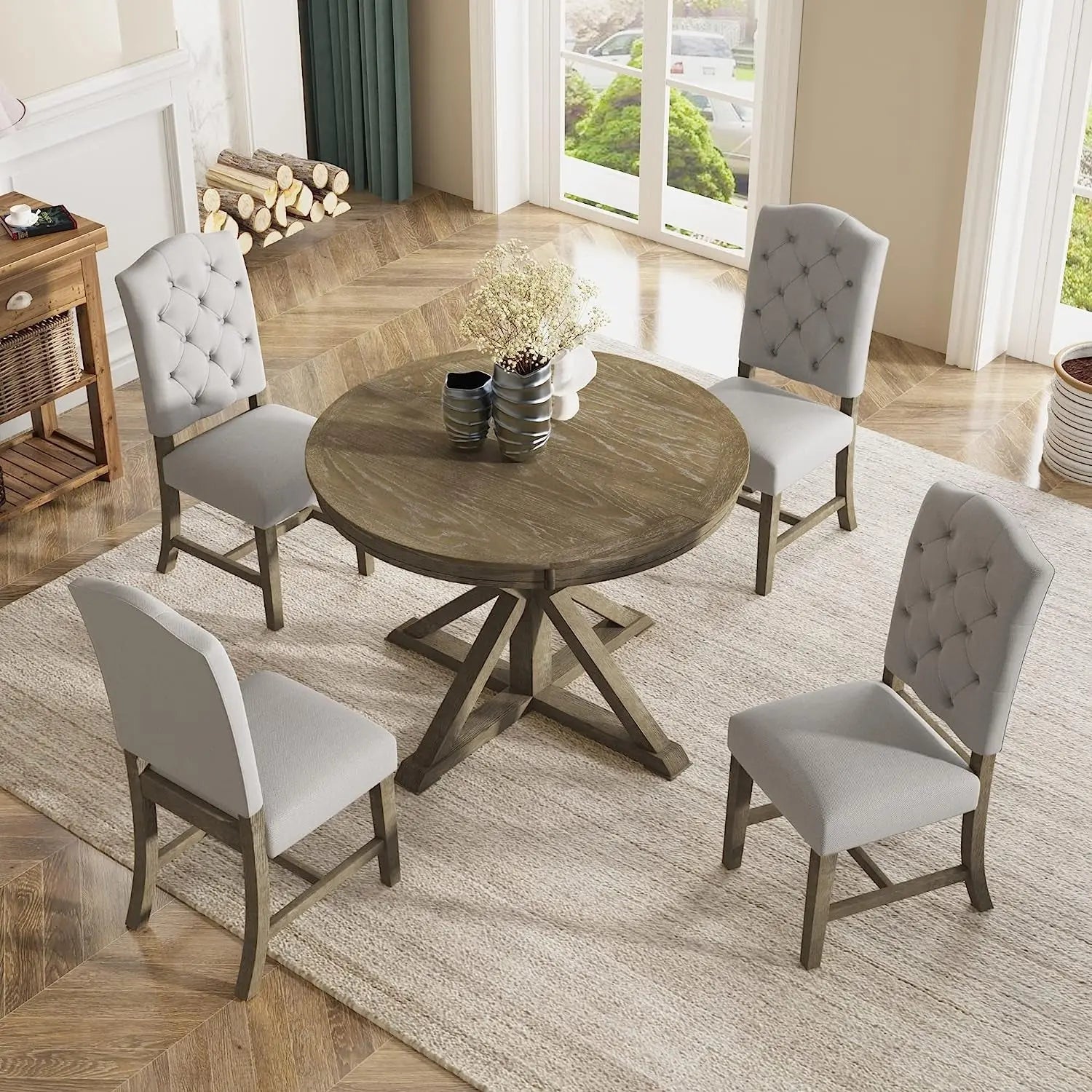 Farmhouse 5-Piece Dining Table Set with Extendable Table and 4 Peach Maple