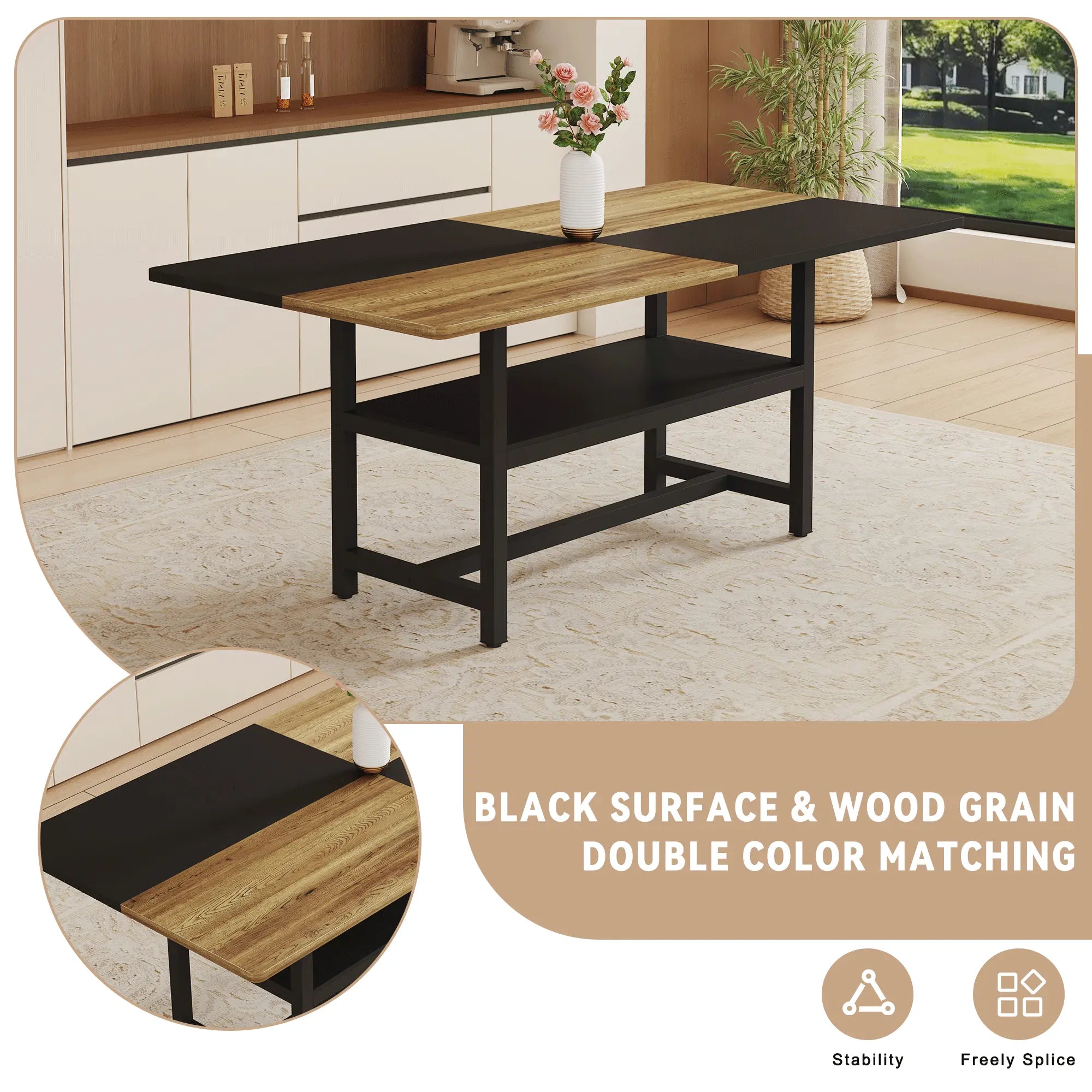 Table and chair set.71*35.4 inch Wooden And Black Spliced Dining Table Sangria Beech