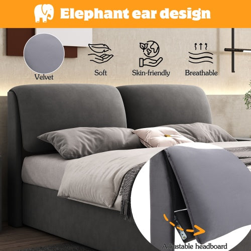 Upholstered Bed,King Size Bed-5ftm  150x200cm, Hydraulic Bed, Three Drawers, Bed Box For Storage, Slatted Frame With Headboard, Without Mattress, Velvet, Grey