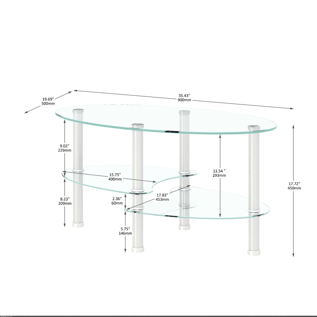 Transparent Oval Glass Coffee Table, Modern 3-Layer With Stainless Steel Leg