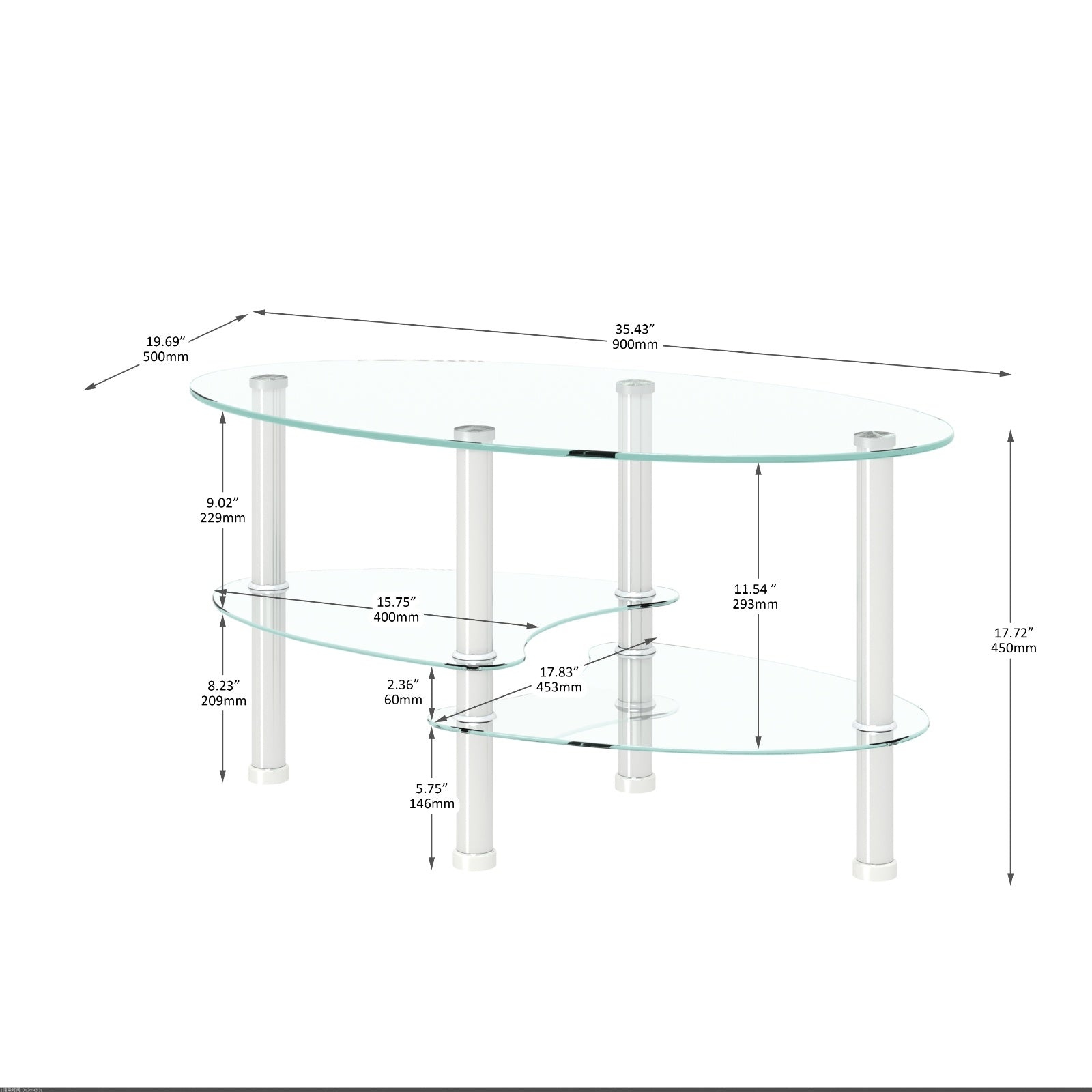 Transparent Oval Glass Coffee Table, Modern 3-Layer With Stainless Steel Leg