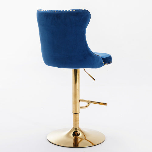 Golden Swivel Velvet Barstools Adjusatble Seat Height From 25-33 Inch Blue,Set Of 2