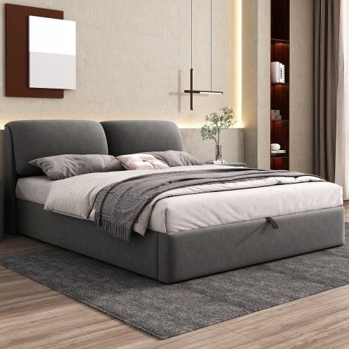 Upholstered Bed,King Size Bed-5ftm  150x200cm, Hydraulic Bed, Three Drawers, Bed Box For Storage, Slatted Frame With Headboard, Without Mattress, Velvet, Grey