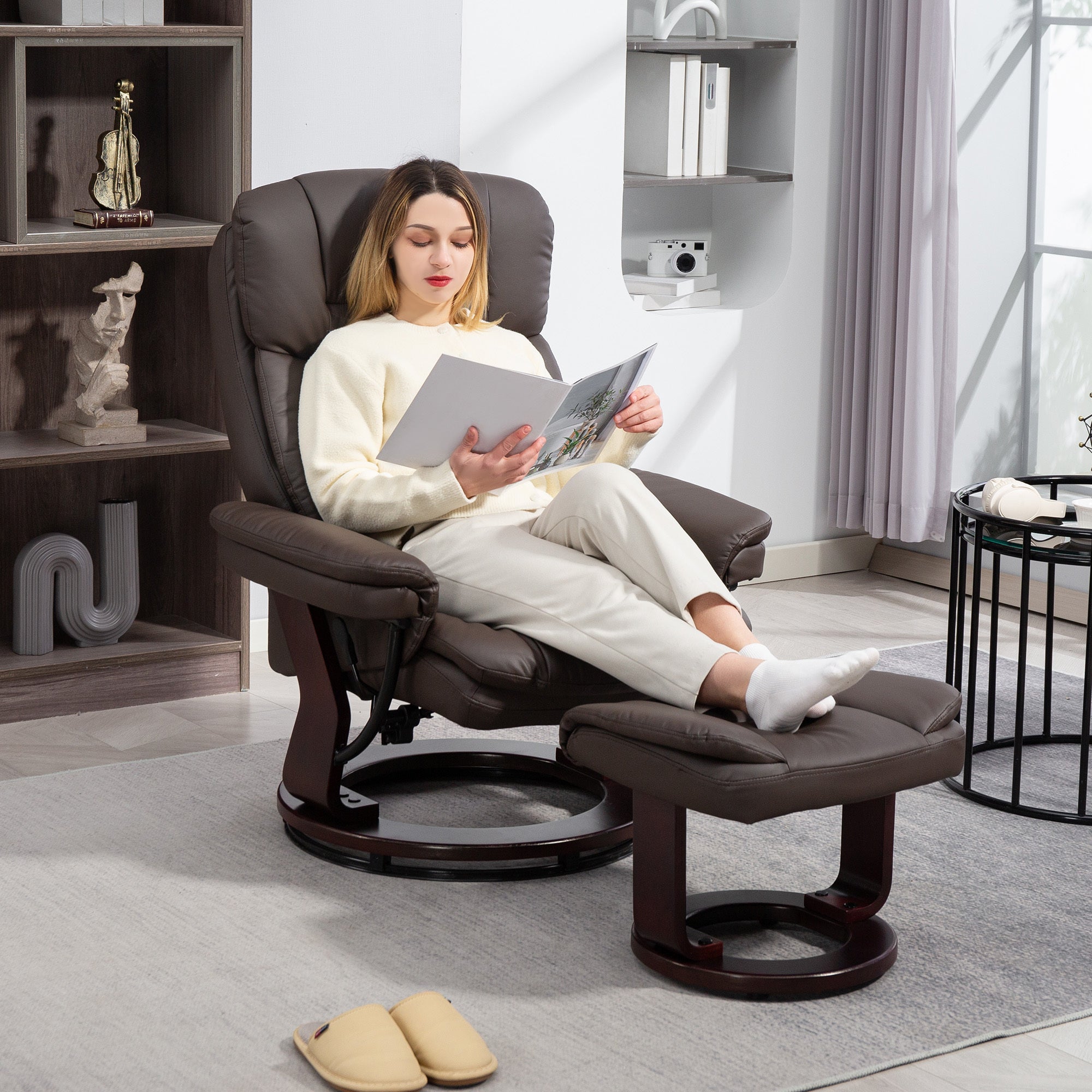 Swivel Recliner With Ottoman, PU Leather Reclining Chair With Footrest, For Living Room, Bedroom, Dark Brown