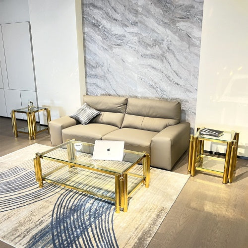 Modern Stainless Steel Coffee Table Set Set Of 3, Double-Layer Clear Tempered Glass Table Top, Coffee Table  Two End Side Table 3-Pieces Sets For Living Room Home Office CJDropshipping