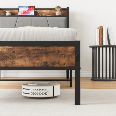 Twin Size Bed Frame, Storage Headboard With Charging Station, Solid And Stable, No Box Spring Needed, Easy Assembly
