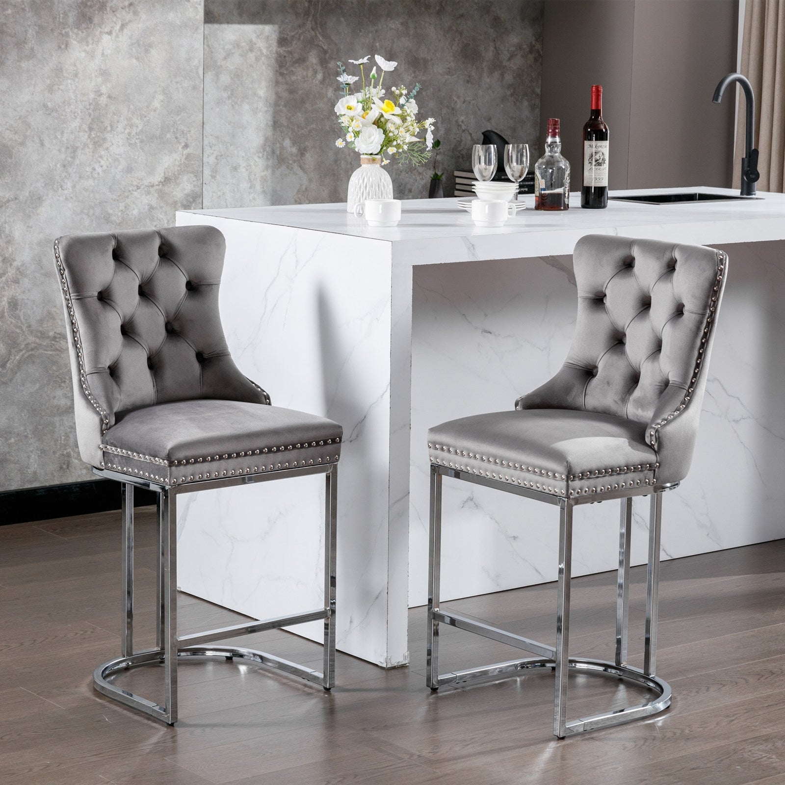 26 Velvet Bar Stools Set Of 2, Counter Height With Button Back  Rivet Trim