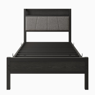 Twin Size Bed Frame, Storage Headboard With Charging Station, Solid And Stable, No Box Spring Needed, Easy Assembly