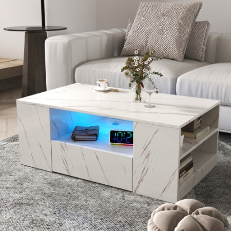 Modern Coffee Tables For Living Room, LED Coffee Table, Storage Coffee Table, Small Coffee Table, Wood Center Table With 2 Drawers And Open Side Shelf CJDropshipping