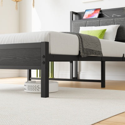 Twin Size Bed Frame, Storage Headboard With Charging Station, Solid And Stable, No Box Spring Needed, Easy Assembly