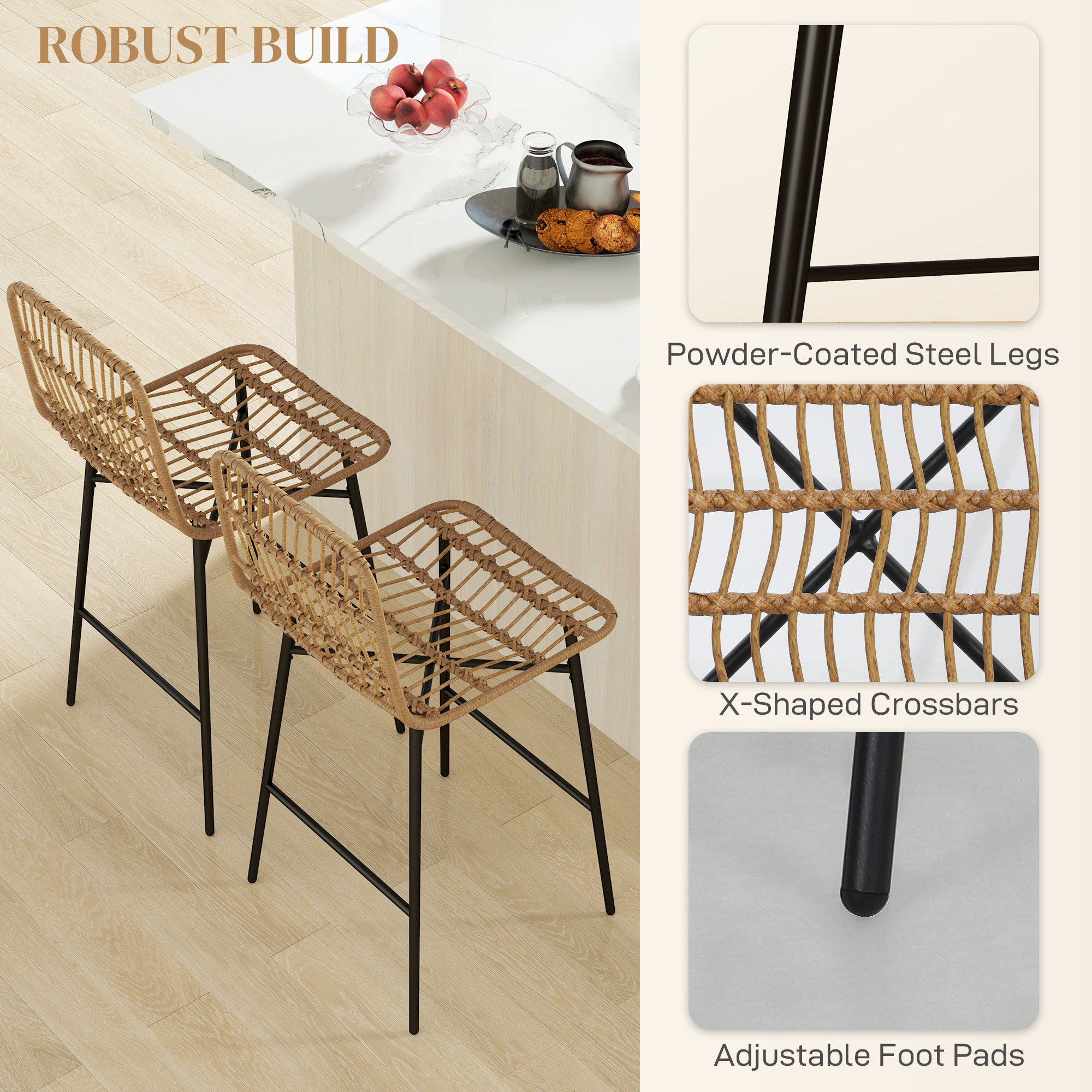 Rattan Counter Bar Stools Set Of 2, 26 Counter Height Barstools With Back, Bar Chairs For Kitchen Island, Brown