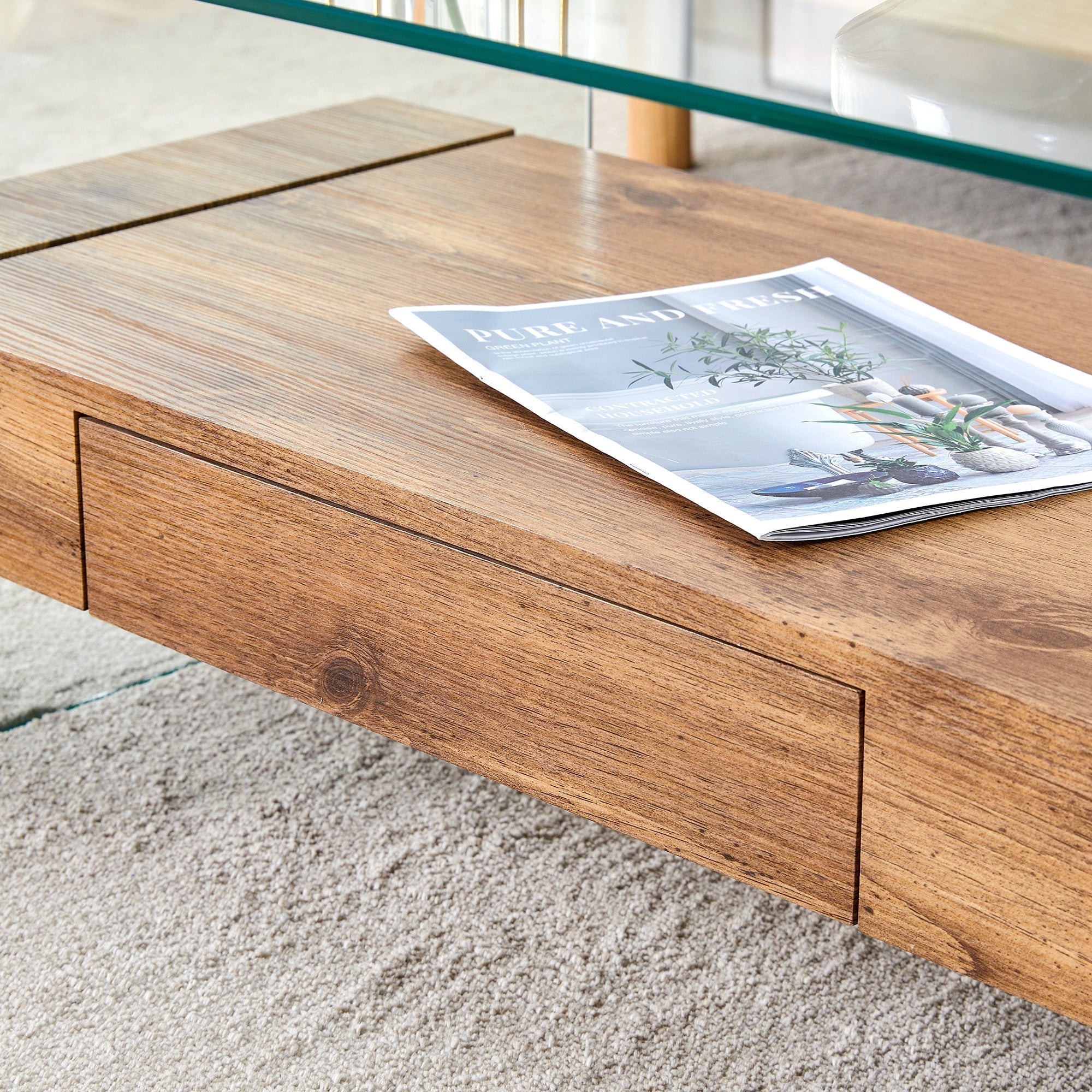 Modern Two-Tier Coffee Table - Clear Tempered Glass and Natural Wood Sangria Beech
