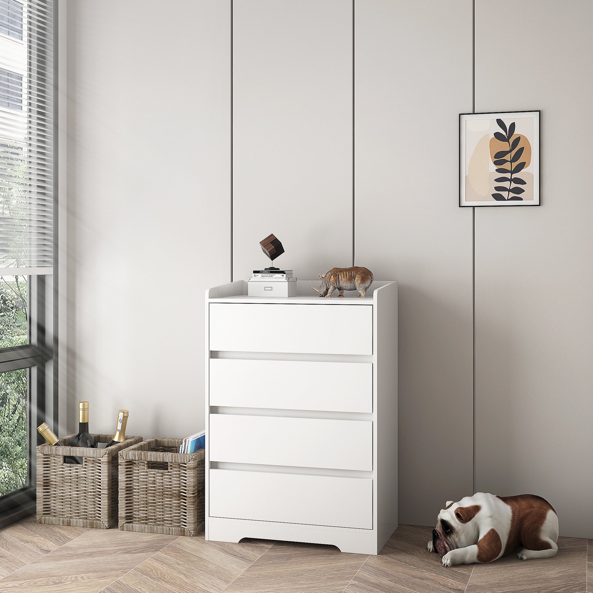 4 Drawer Dresser, Chest Of Drawers Without Handle, White Dresser For Bedroom Waterproof, Modern Wooden Cabinet With Sturdy Frame For Living Room, Entryway, Bedroom, Hallway, Office