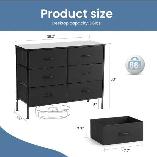 Dresser For Bedroom 6 Drawers Wide Fabric Storage Units Chest Of Drawers For Bedroom With Metal Frame And Wooden Top For TV