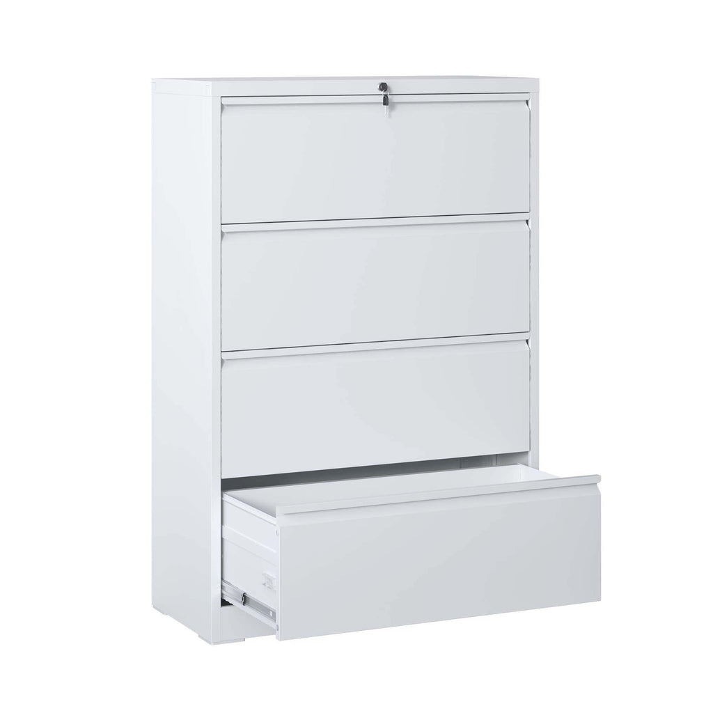 Lateral File Cabinet 4 Drawer, White Filing Cabinet With Lock, Lockable File Cabinet For Home Office, Locking Metal File Cabinet For Legal Letter A4 F4 Size