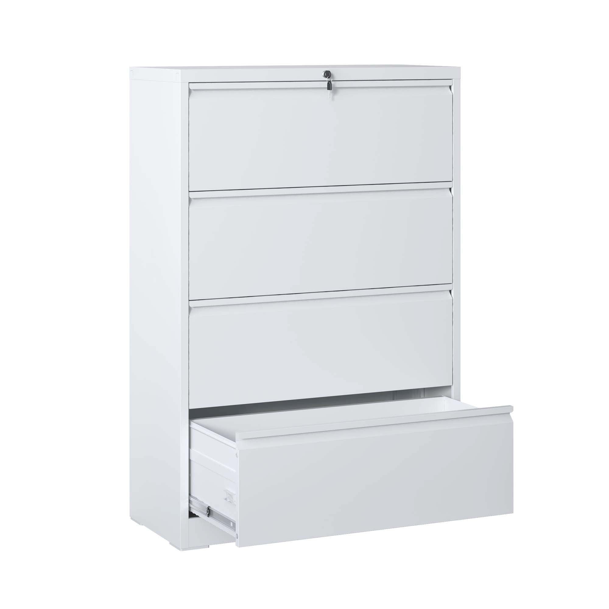 Lateral File Cabinet 4 Drawer, White Filing Cabinet With Lock, Lockable File Cabinet For Home Office, Locking Metal File Cabinet For Legal Letter A4 F4 Size