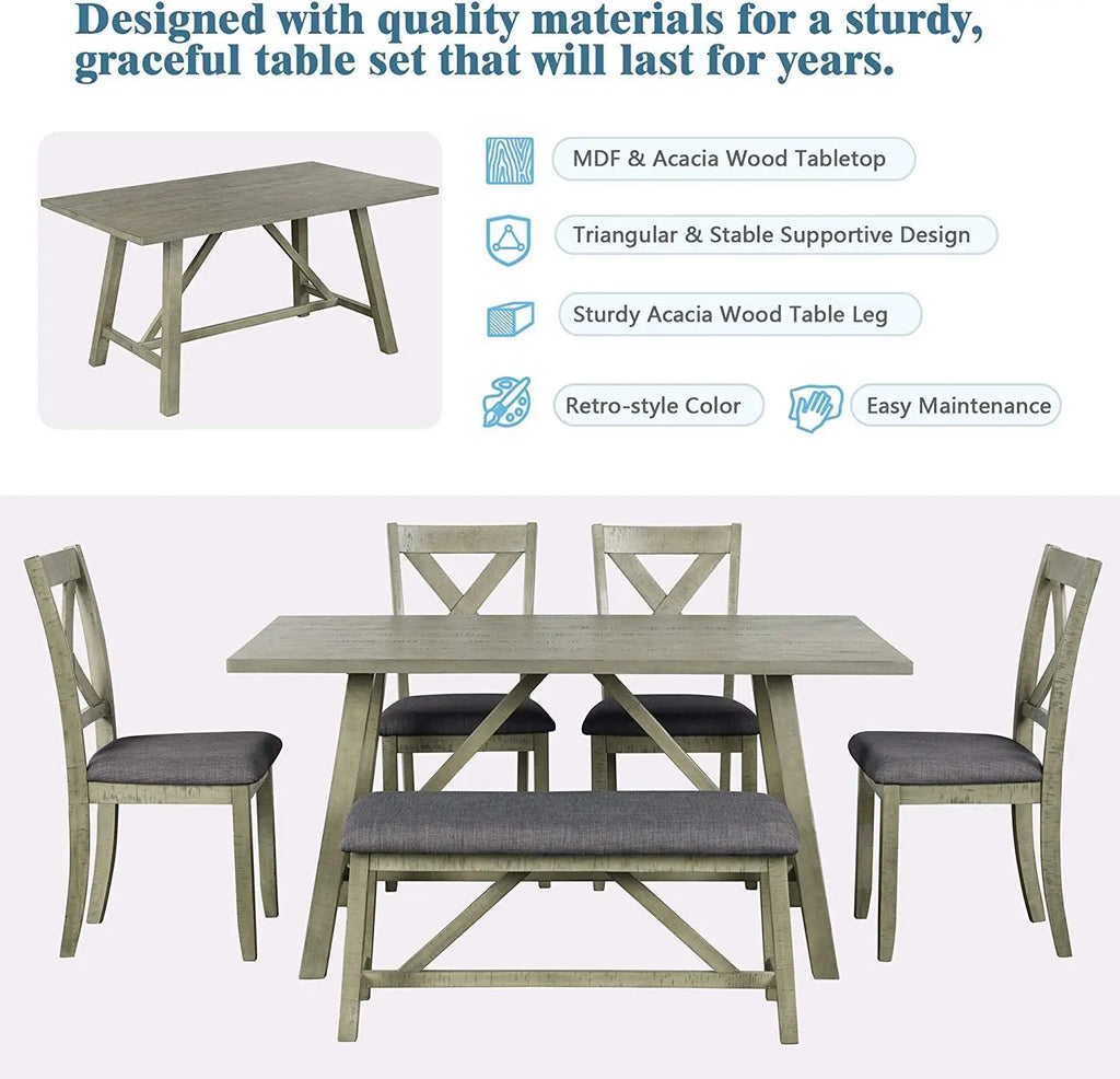 Rustic Gray Wooden 6-Piece Dining Table Set with Cushioned Chairs and Peach Maple