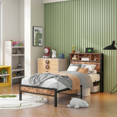 Twin Size Bed Frame With Storage Headboard, Metal Platform Bed With Charging Station, Bookcase Storage, No Box Spring Needed, Easy Assembly