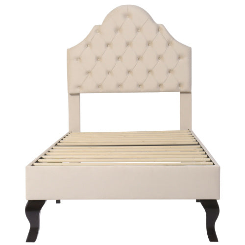 Upholstered Bed 90x190 With Slatted Frame And Headboard, Upholstered Bed With Height-adjustable Headboard, Youth Bed, Single Bed, Wooden Slat Support, Easy Assembly, Velvet, Beige