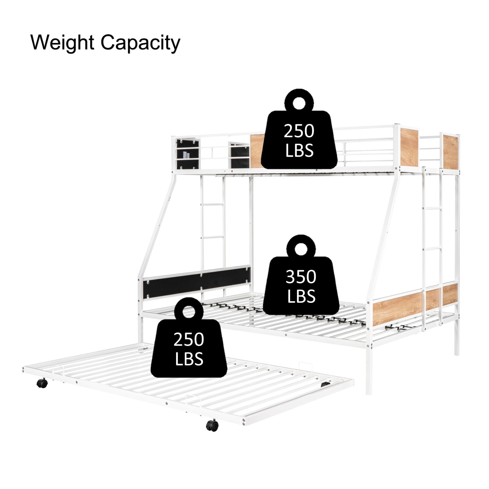Metal Twin Over Full Bunk Bed With Trundle, Heavy-Duty, Noise Reduced, Guardrail