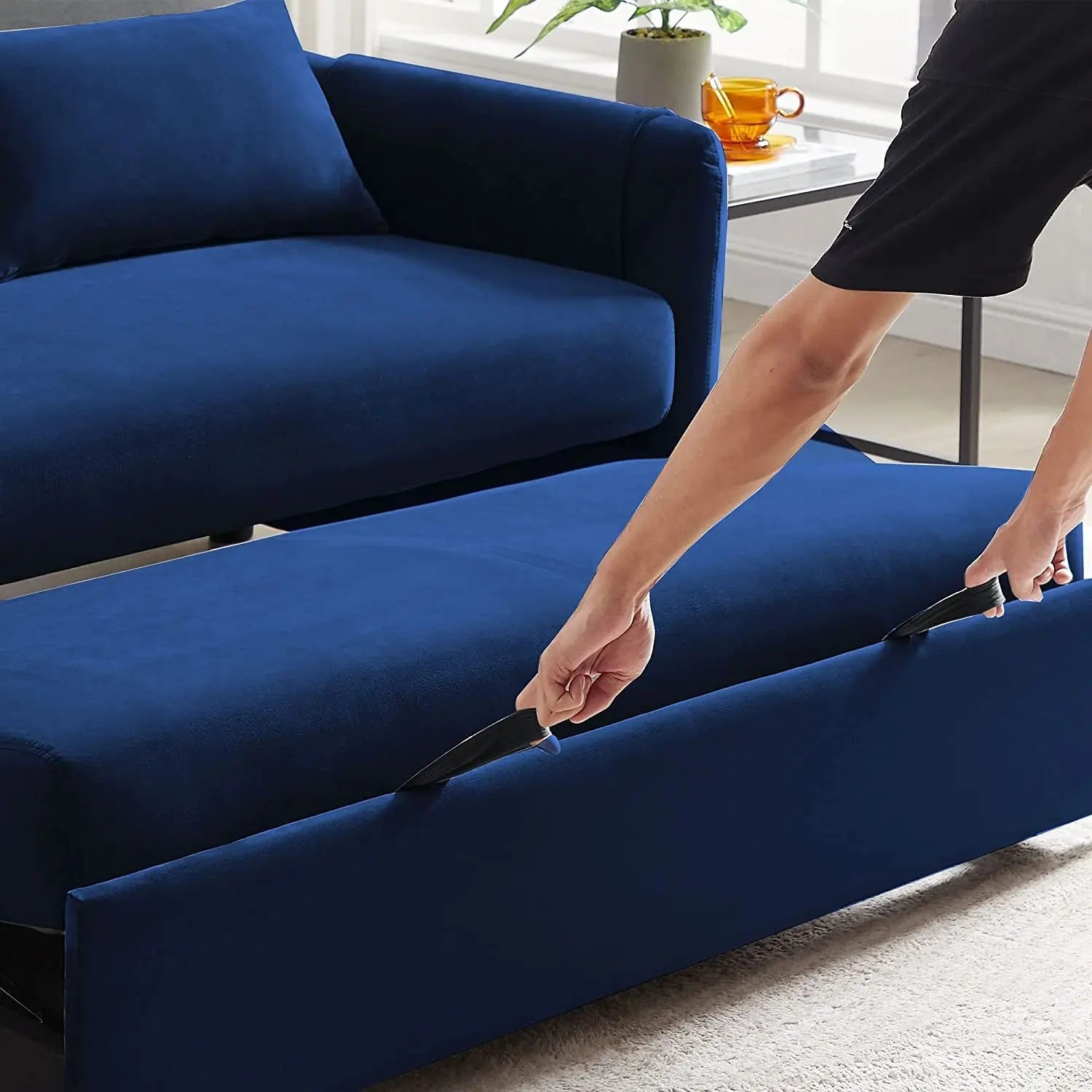 Blue Velvet Convertible Sofa Bed with Adjustable Backrest Peach Maple