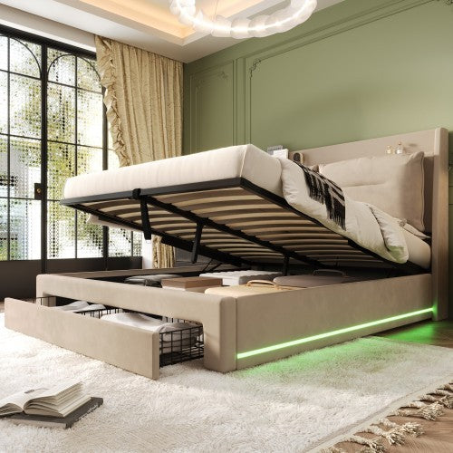 Upholstered Bed, 150x200 5ft King Size Bed, Hydraulic Bed, 2-in-1 Storage Drawers At The End Of The Bed, Recessed LED Light Strips On Both Sides Of The Bed, Slatted Frame, Velvet,Dark Gray