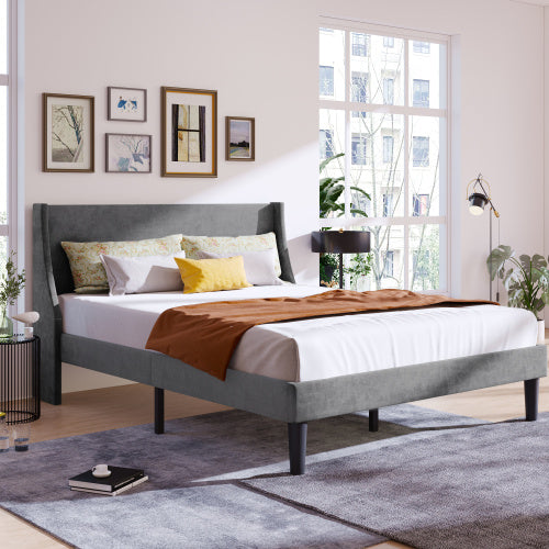Double Bed Velvet Dark Green 4FT6 Upholstered Bed With Winged Headboard, Wood Slat Support