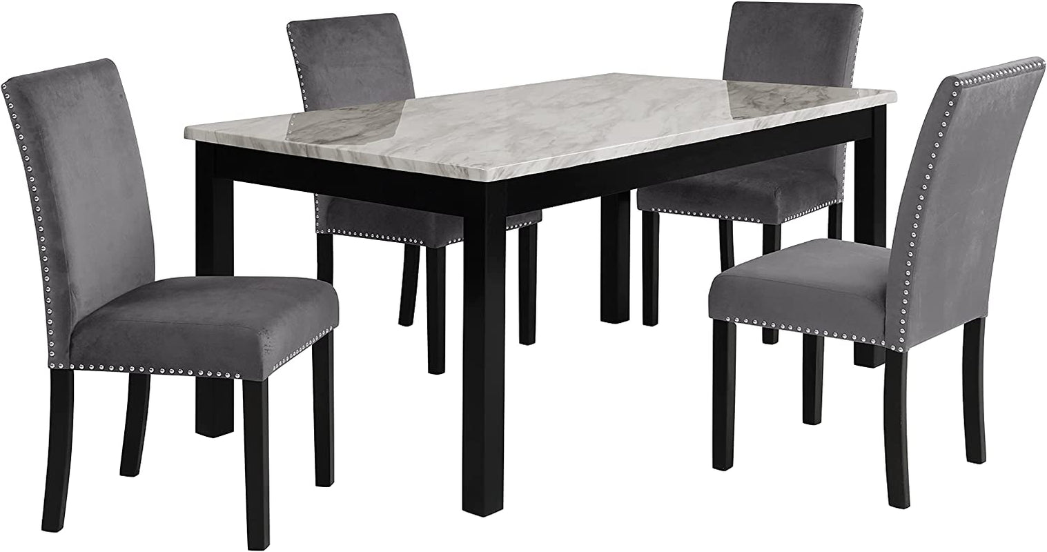 6-Person Dining Table with Faux Marble Top, Black Base