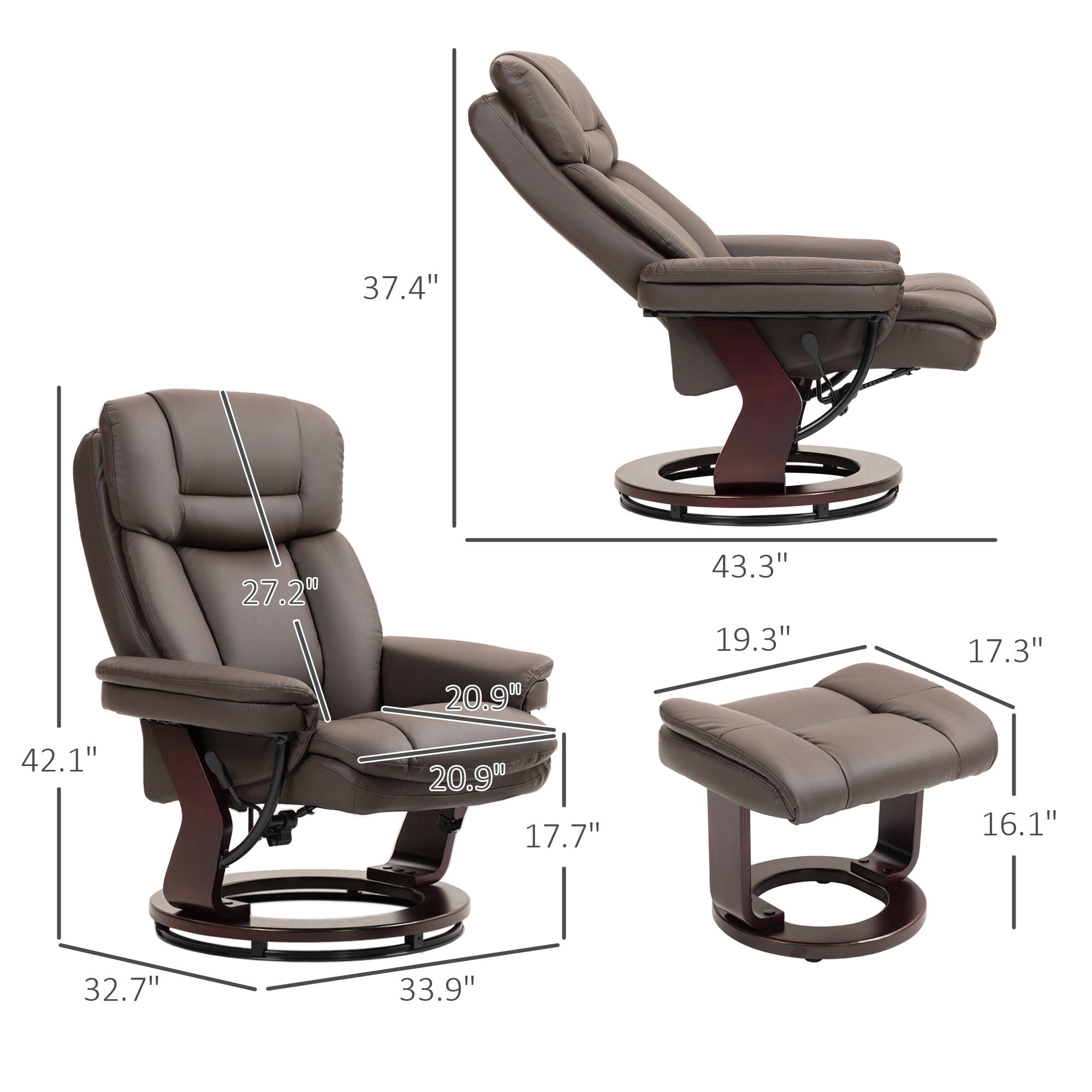 Swivel Recliner With Ottoman, PU Leather Reclining Chair With Footrest, For Living Room, Bedroom, Dark Brown