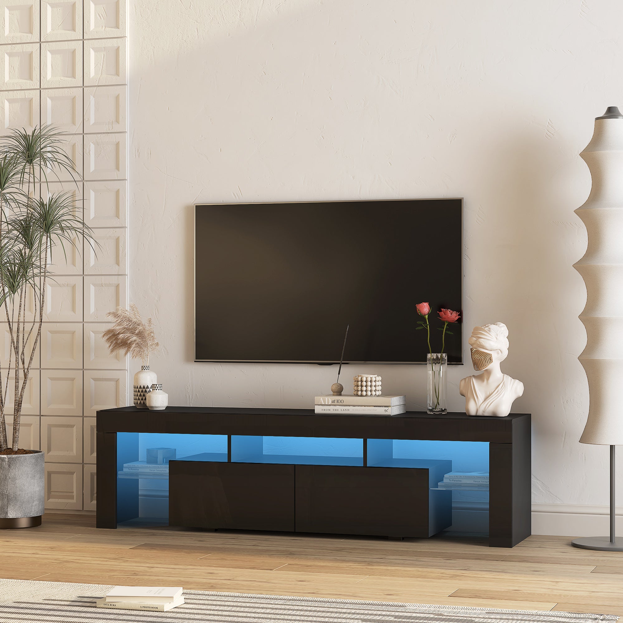 High Gloss TV Stand With LED Lights For TVs Up To , Modern TV Console With Storage Cabinets For Living Room,Black