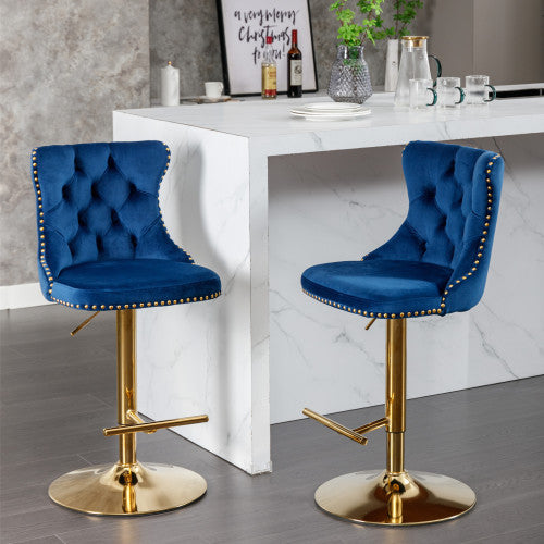 Golden Swivel Velvet Barstools Adjusatble Seat Height From 25-33 Inch Blue,Set Of 2