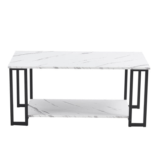 D&N Coffee Table, 2 Layers 1.5cm Thick Marble MDF Rectangle 39.37 L Tabletop Iron Coffee Table , Dining Room, Coffee Shop, Resterant, White Top, Black Leg CJDropshipping