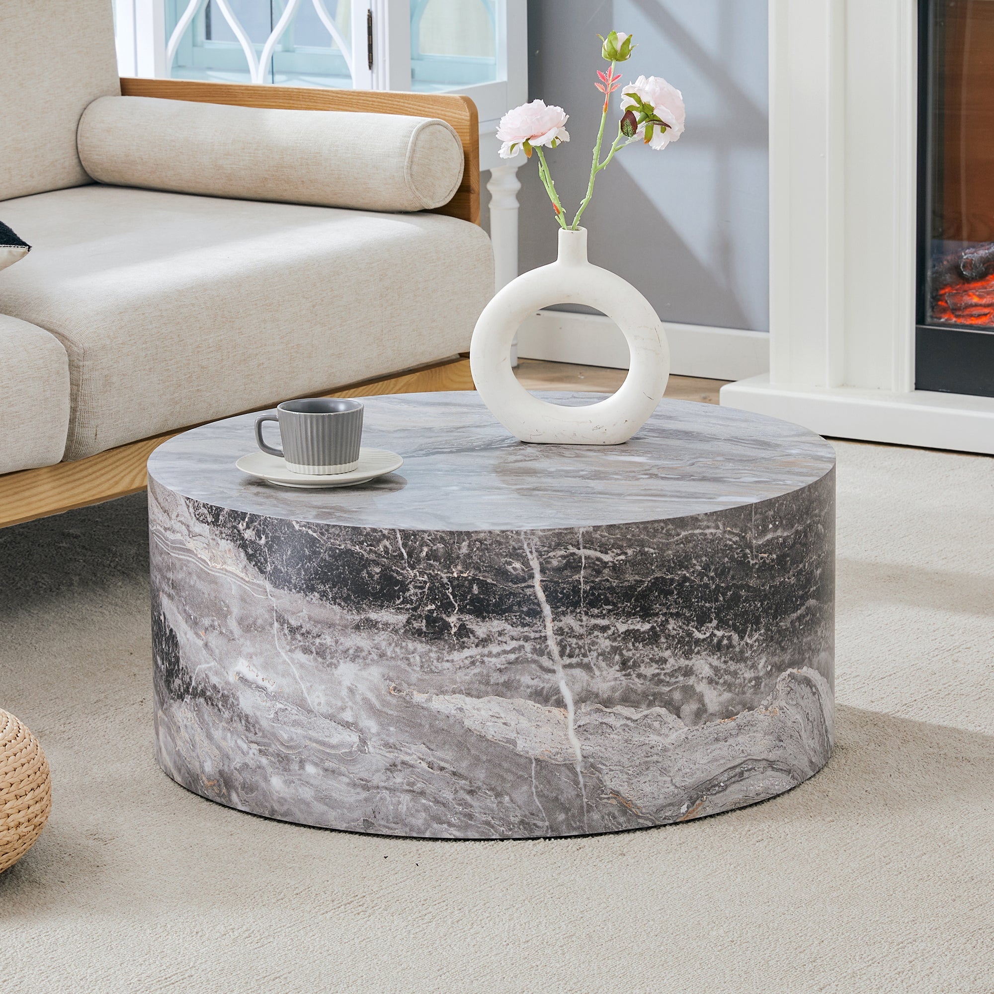 Simple Grey Marble Textured Cylindrical Coffee Table, Industrial Style Sangria Beech