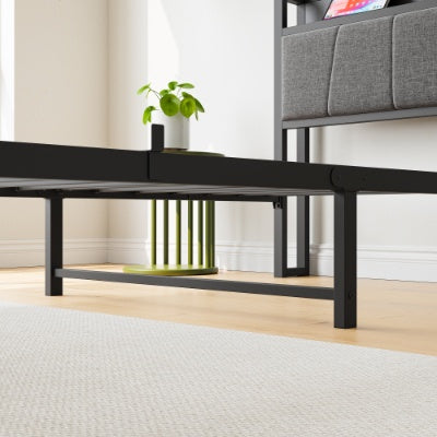 Twin Size Bed Frame, Storage Headboard With Charging Station, Solid And Stable, No Box Spring Needed, Easy Assembly
