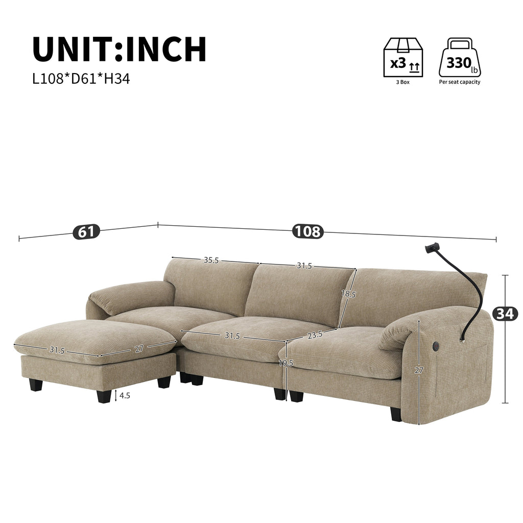 108' Modular Sectional Sofa, L-Shape with 31.5' Extra-Wide Seat