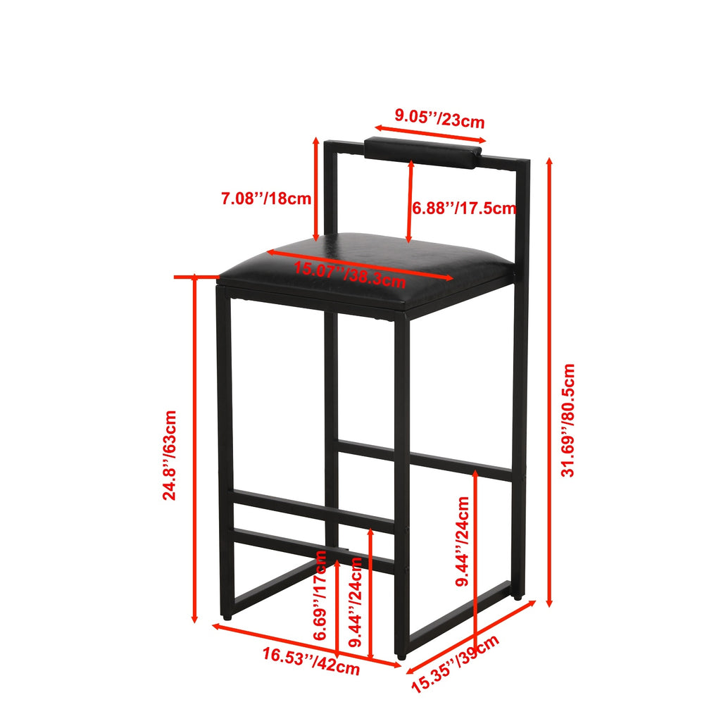 Black Bar Stool Set Of 2 Counter Height PU Leather With Backrest & Footrest