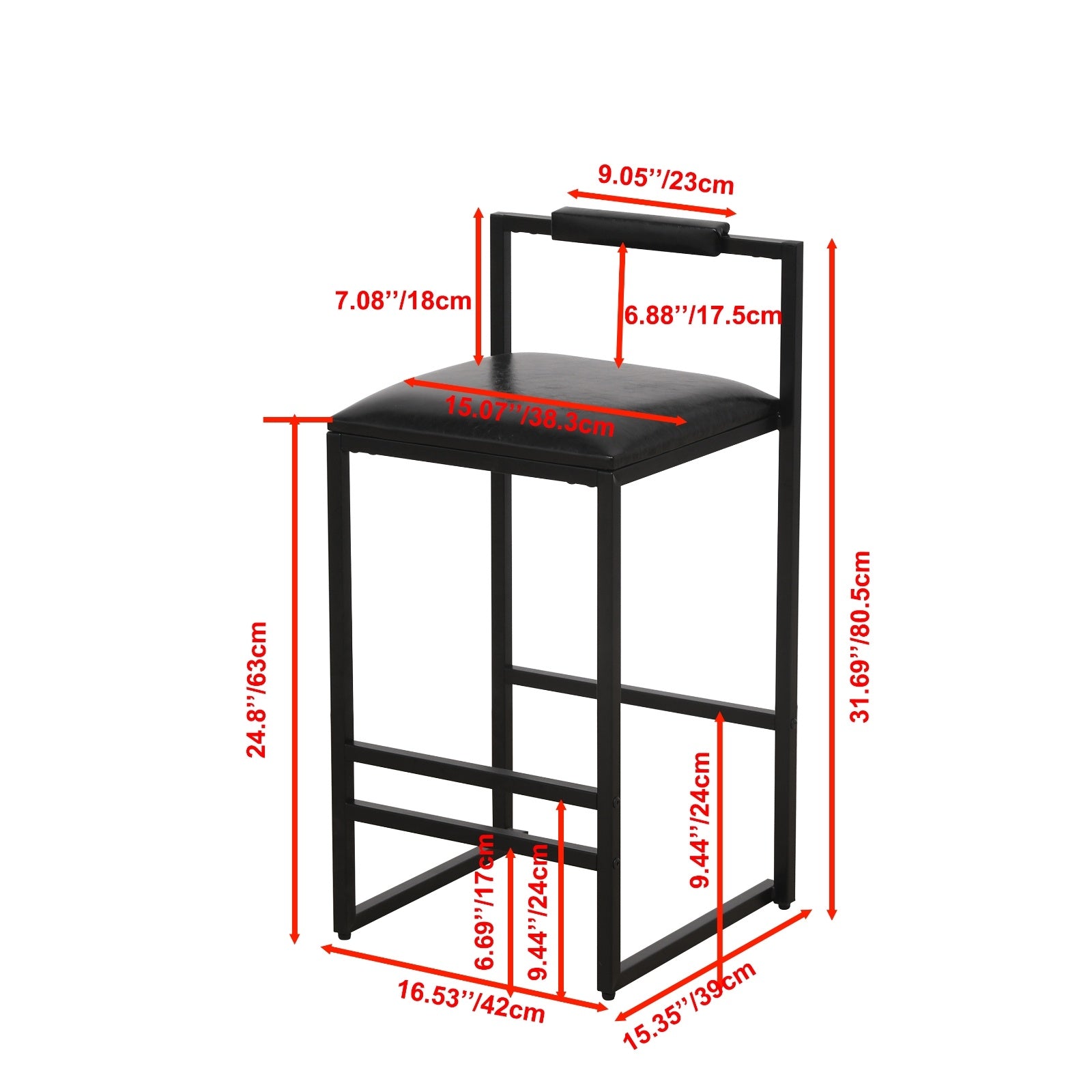 Black Bar Stool Set Of 2 Counter Height PU Leather With Backrest & Footrest