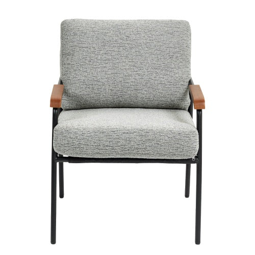 Modern Accent Chair With Natural Wood Armrests And Black Metal Frame, Light Beige Upholstered Seat And Backrest, Comfortable Lounge Chair For Bedroom, Living Room, Dining Room, Set Of 1