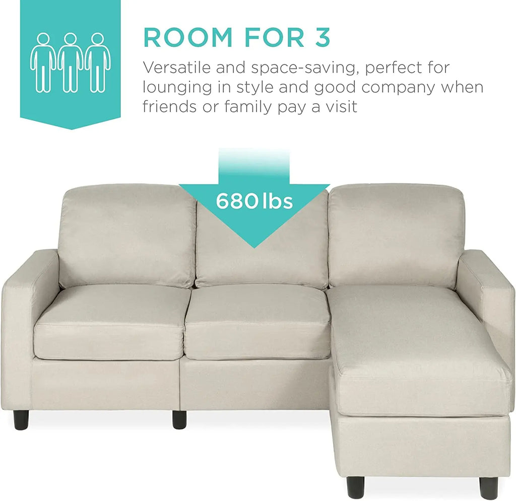 Compact Beige Linen Sectional Sofa with Chaise Lounge Peach Maple